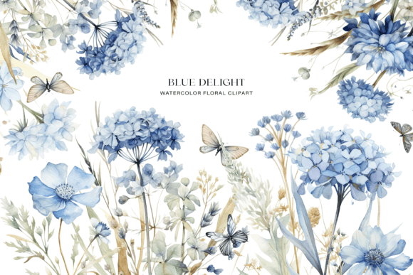 Dusty Blue Floral Clipart Watercolor Illustrations