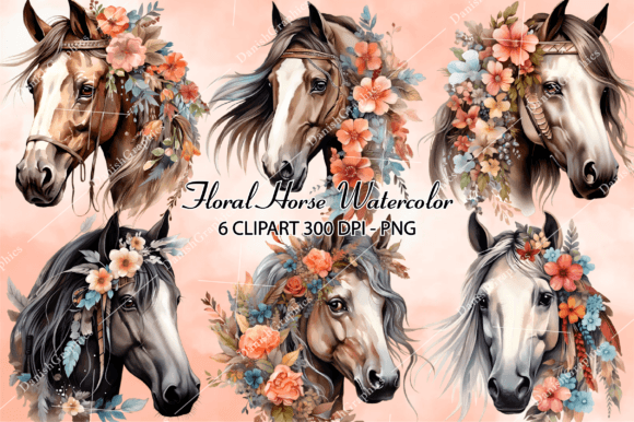 Floral Horse Watercolor Clipart PNG for Illustrations