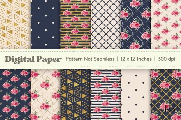 Gold Watercolor Flowers Digital Paper & Patterns