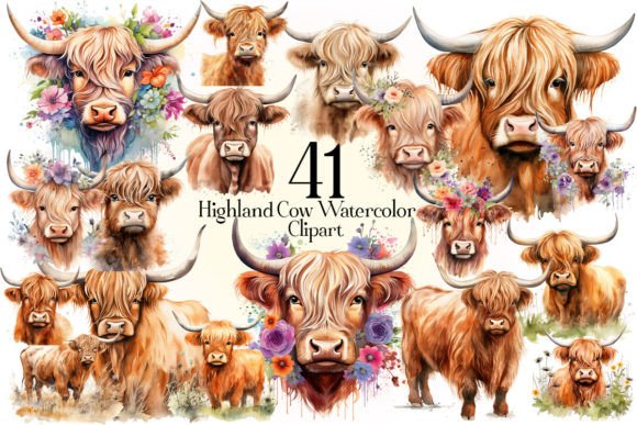 Highland Cow PNG: Watercolor Illustrations for Crafts