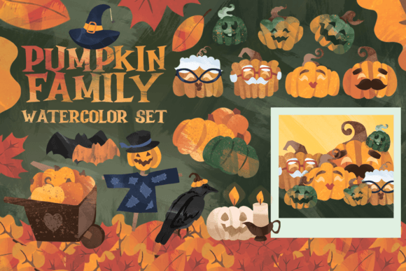 Pumpkin Family Watercolor Set for Halloween Branding