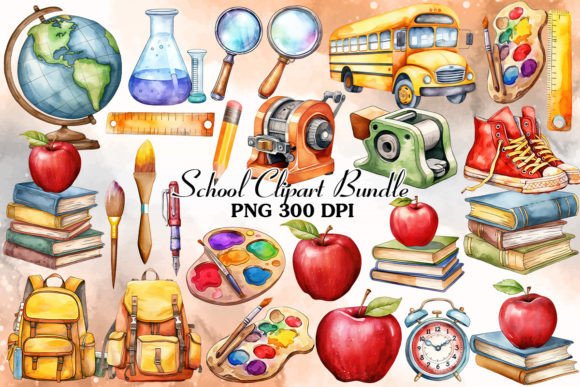 School Supplies Watercolor Clipart: Illustrations Review