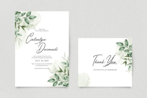 Wedding Invitation Set with Green Leaves Print Templates