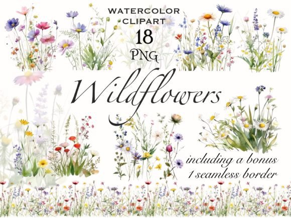 Wildflower Meadow Watercolor Clipart Illustrations